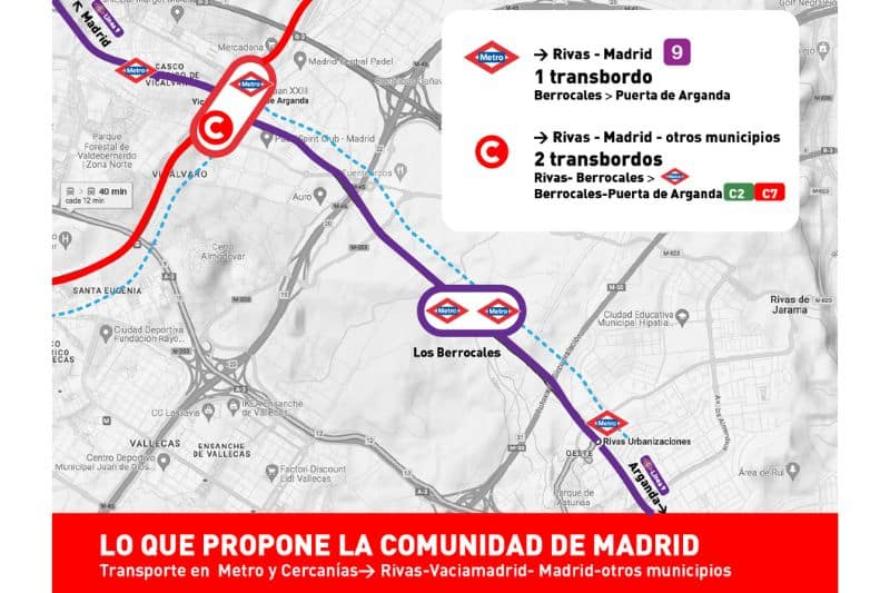 Plano que muestra el proyecto de ordenación de transporte ferroviario de la Comunidad de Madrid al establecer la nueva estación de Metro de Ahijones - Berrocales, según el Ayuntamiento de Rivas Vaciamadrid (fuente: Ayuntamiento de Rivas Vaciamadrid).