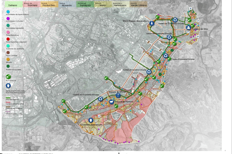 Mapa del plan especial del Bosque Metropolitano de Madrid para el sureste de la ciudad (fuente: Ayuntamiento de Madrid).