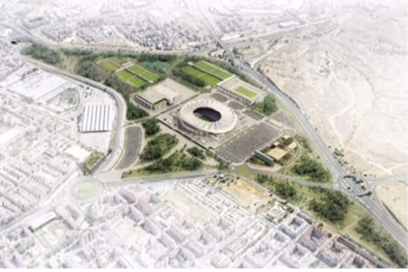 Infografía hipotética original del parque deportivo del Este, en su presentación, en 2020 (fuente: Ayuntamiento de Madrid).