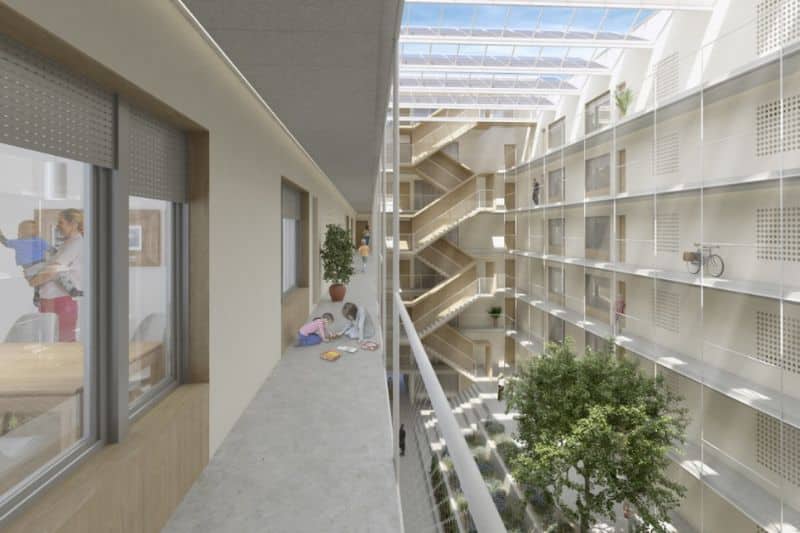 Infografía del aspecto de las zonas interiores de la promoción Cañaveral 7 (fuente: Empresa Municipal de la Vivienda y el Suelo de Madrid).