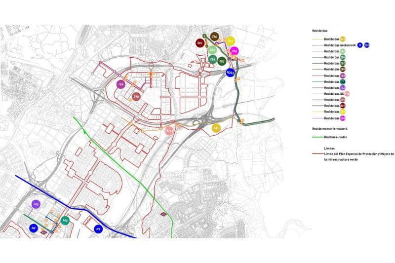 Plano de ordenación de autobuses propuesto en el proyecto del Bosque Metropolitano en el que se incluye una estación de Metro de la línea 9 junto a la ermita de la Virgen de la Torre (fuente: Ayuntamiento de Madrid).