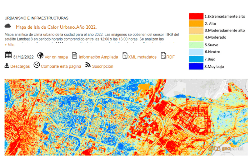 Detalle del mapa de isla de calor urbano de Madrid de 2022 (fuente: Ayuntamiento de Madrid).