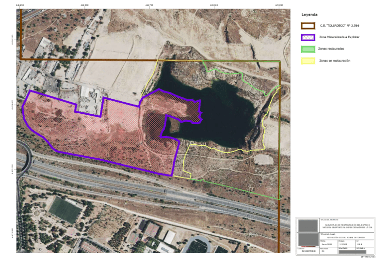 Plano temático de explotación de la mina de Tolsa en Ambroz, según el plan de restauración presentado en 2021 (fuente: Comunidad de Madrid).