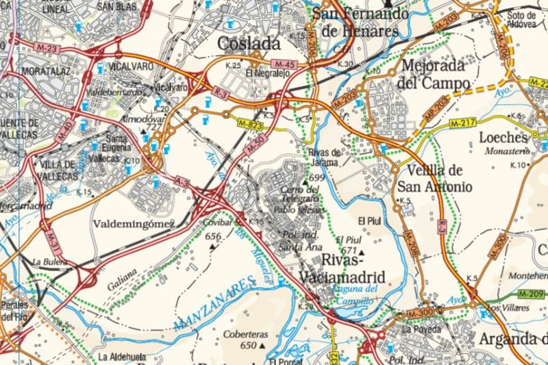 Detalle de plano de carreteras regionales en los desarrollos del sureste de Madrid (fuente: Comunidad de Madrid)
