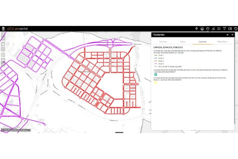 Geoportal municipal de Madrid con los niveles de prioridad en la limpieza de viales en El Cañaveral (fuente: Ayuntamiento de Madrid)
