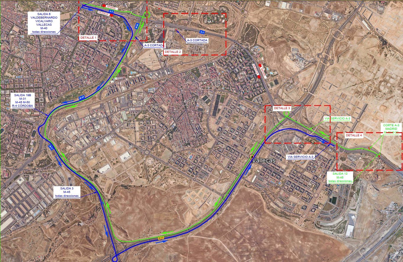 Plano de cortes en la A3 por obras de construcción de pasarelas a la altura de Santa Eugenia (fuente: Ministerio de Transportes)