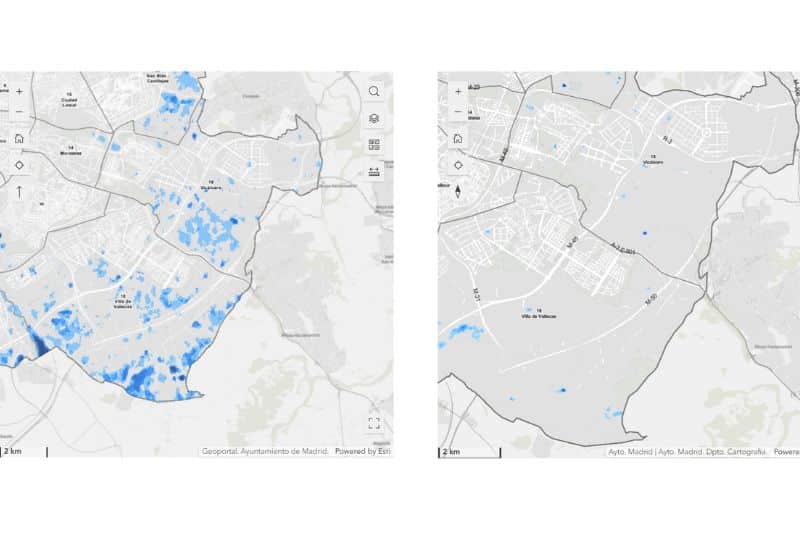 Ráster de zonas inundables realizado mediante satélite rádar e inteligencia artificial que muestra las zonas de inundación y el grado de acumulación de aguas en los desarrollos del sureste (fuente: Ayuntamiento de Madrid)
