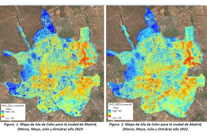 Mapas que muestran la evolución de la isla de calor entre 2022 y 2023 (fuente: Ayuntamiento de Madrid)